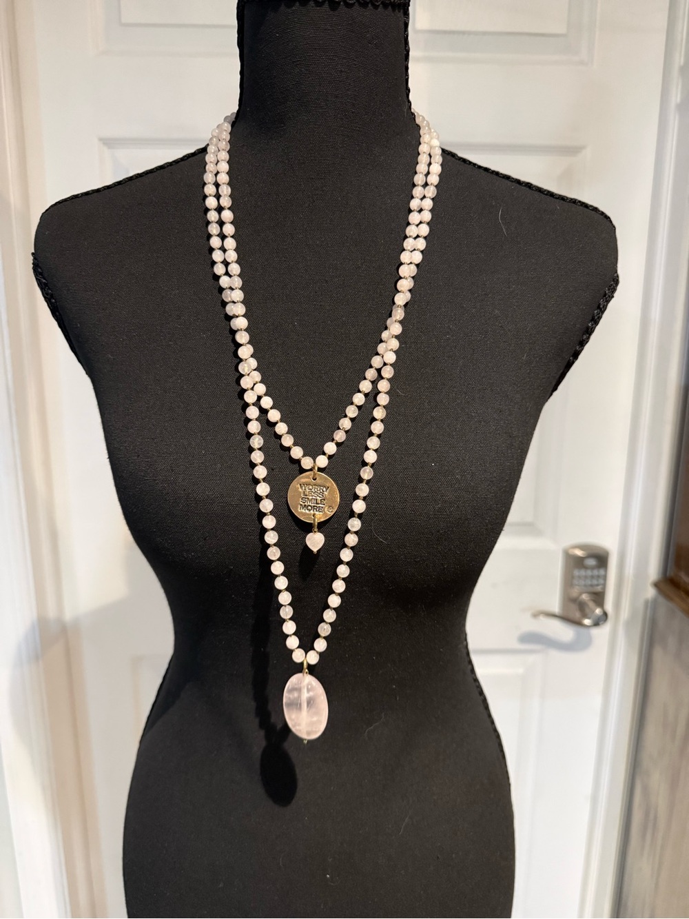 Katia Designs Worry Less Smile More  Rose Quartz Necklace with Gold Pendant